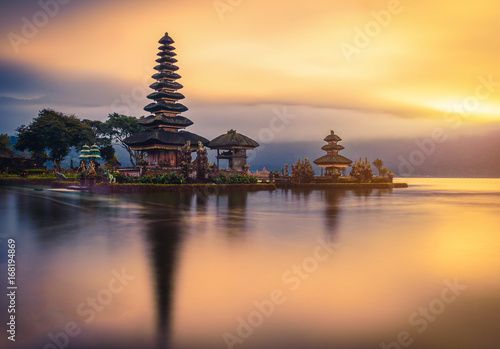 Pura Ulun Danu Bratan, Hindu temple on Bratan lake landscape at sunrise in Bali, Indonesia.