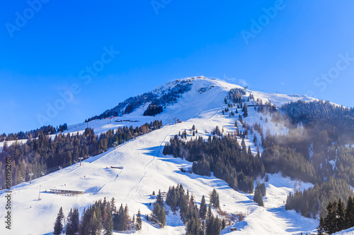 Mountain Hohe Salve with snow in winter. Ski resort Soll, Tyrol, Austria