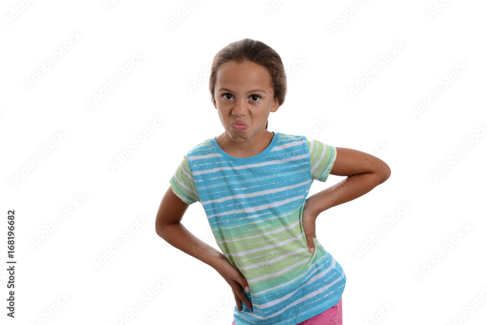 young girl with a unhappy expression isolated white background young girl with a unhappy expression isolated white background