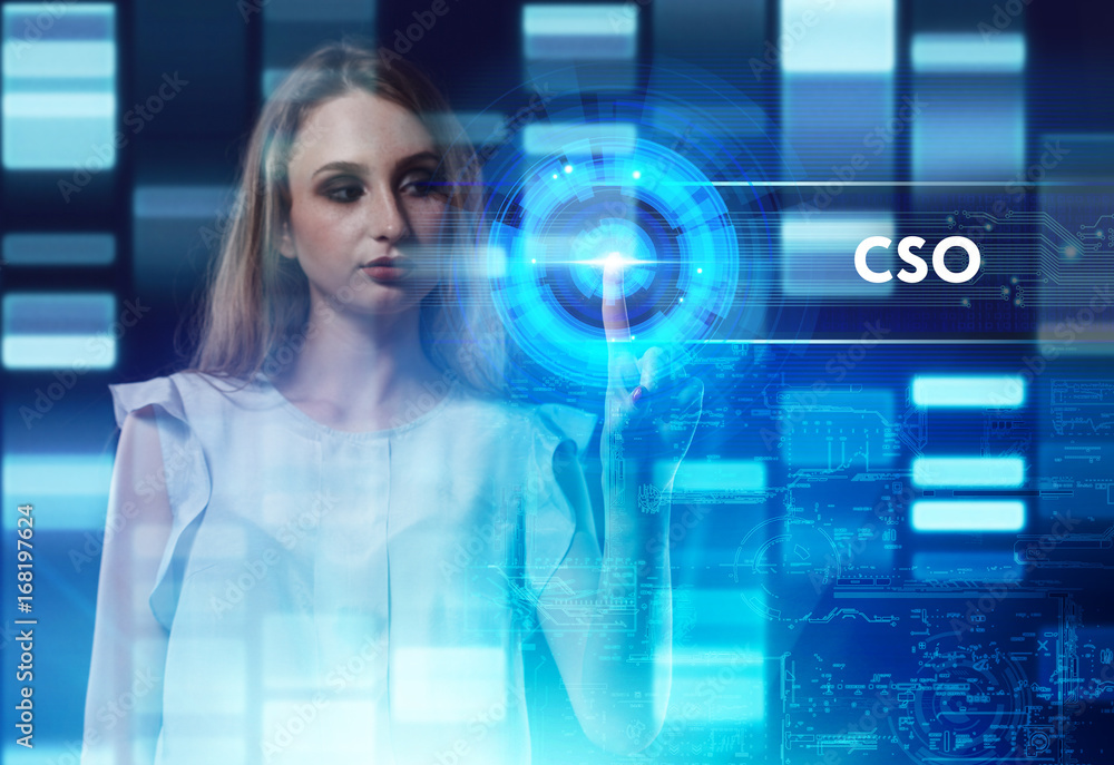 The concept of business, technology, the Internet and the network. A young entrepreneur working on a virtual screen of the future and sees the inscription: CSO