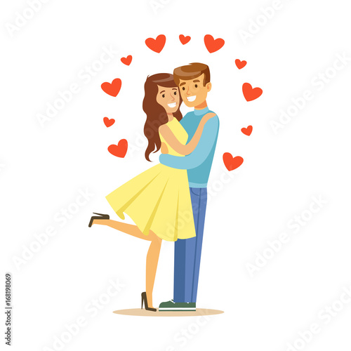 Happy couple in love, man and woman embracing each other, romantic date colorful characters vector Illustration