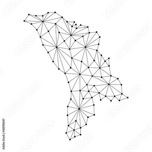 Moldova map of polygonal mosaic lines network, rays and dots vector illustration.