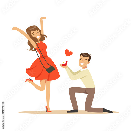 Happy man proposing marriage to beautiful woman kneeling colorful characters vector Illustration