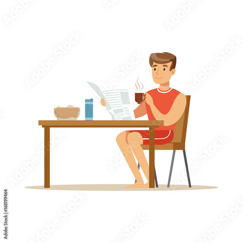 Happy smiling man character reading newspaper while having breakfast vector Illustration