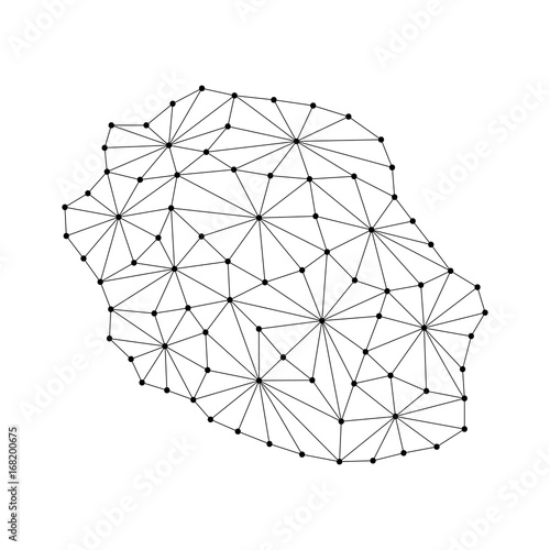 Reunion map of polygonal mosaic lines network, rays and dots vector illustration.