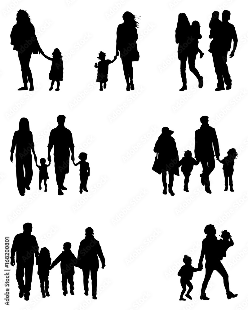 Black silhouettes of families at walking on a white background