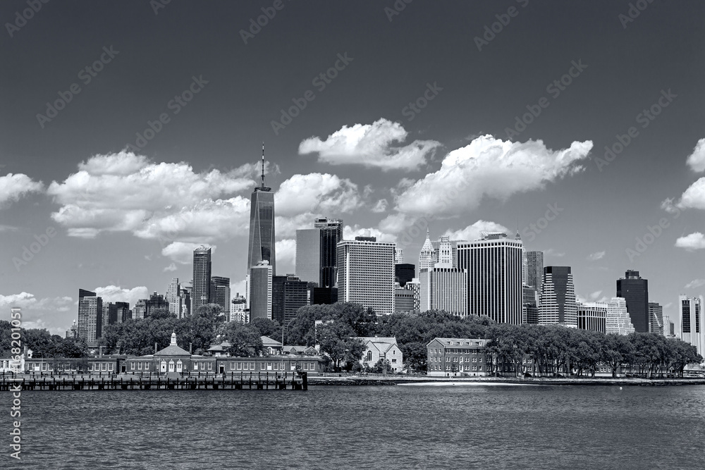 panoramic views of the New York City Manhattan  in monochrome blue tonality