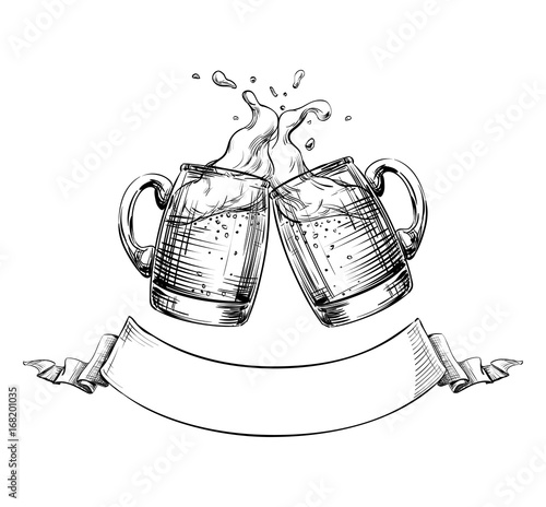 Two Mugs of Beer clink at a Toast with a Splash of beer foam, Ribbon for text below. Hand drawn illustration for design menu restaurants, pubs, brewery, Festival posters, Oktoberfest, banners. Vector