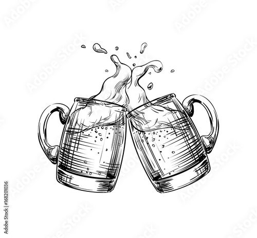 Two Mugs of Beer clink at a toast with a splash of beer foam. Hand drawn illustration for design menu restaurants, pubs, bars, posters for the Festival, Oktoberfest, brewery, banners. Vector sketch