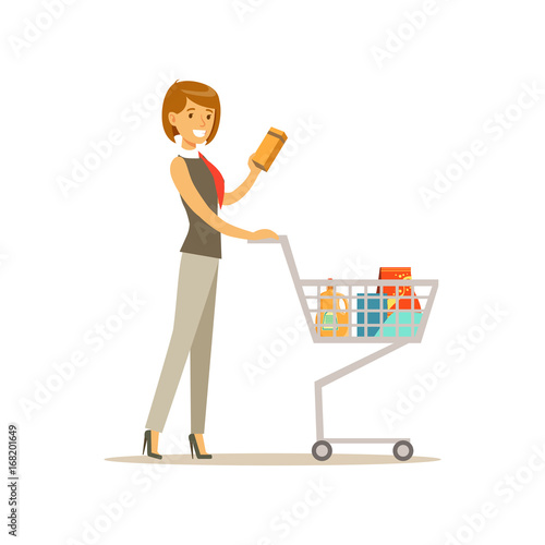 Beautiful young woman character pushing supermarket shopping cart with groceries vector Illustration