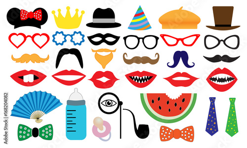 Photo booth accessory collection. Props retro party set. 