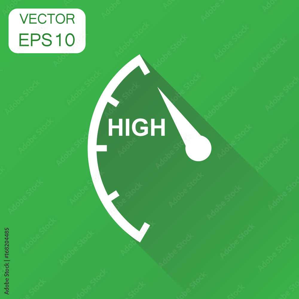 Speedometer, tachometer, fuel high level icon. Business concept high level rating pictogram. Vector illustration on green background with long shadow. Speedometer, tachometer, fuel high level icon. Business concept high level rating pictogram. Vector illustration on green background with long shadow.