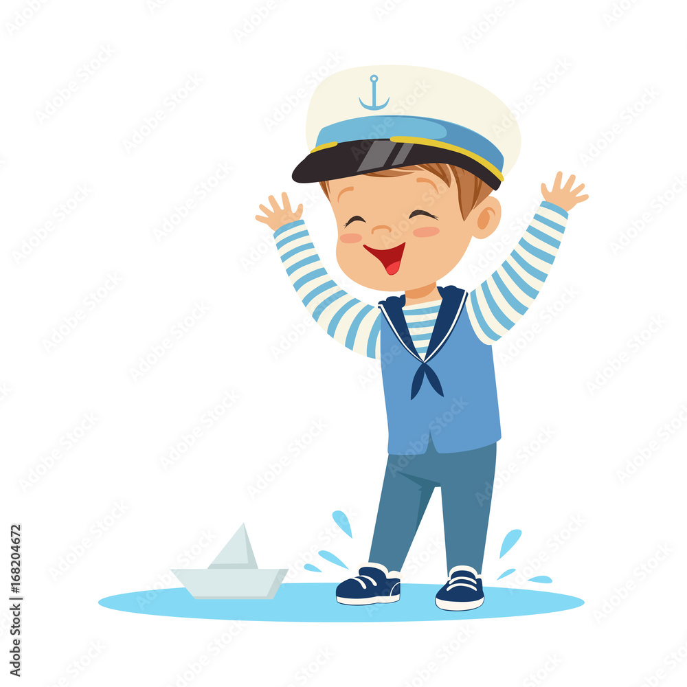Cute smiling little boy character wearing a sailors costume standing in a puddle playing with paper boat colorful vector Illustration