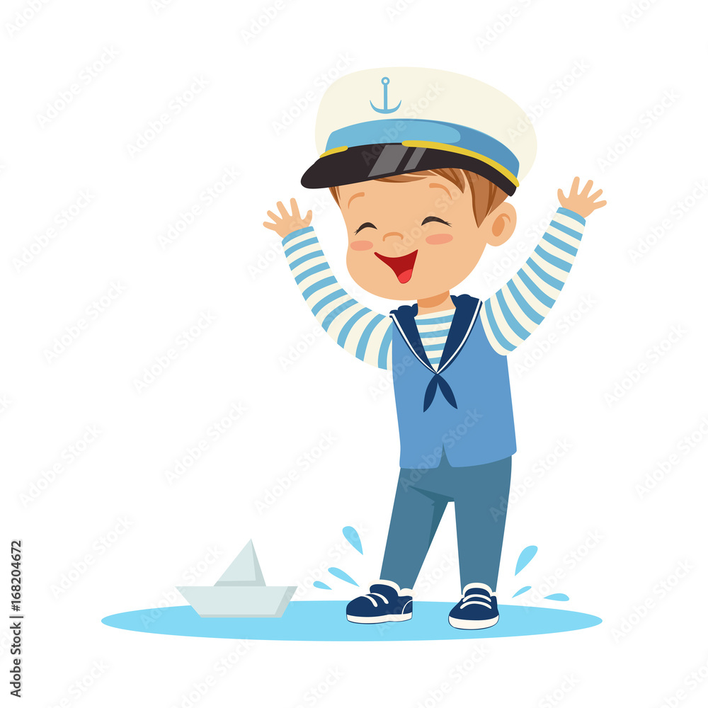Cute smiling little boy character wearing a sailors costume standing in a puddle playing with paper boat colorful vector Illustration Cute smiling little boy character wearing a sailors costume standing in a puddle playing with paper boat colorful vector Illustration