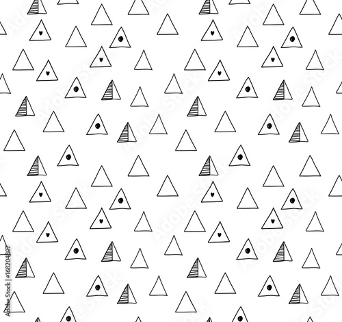 Seamless minimalistic pattern with black triangles. Vector abstract drawn background, decorative texture