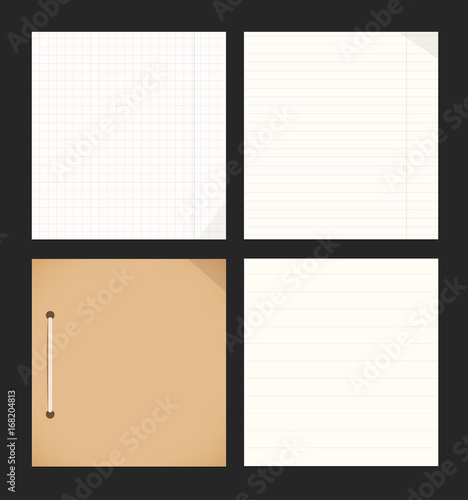 Vector isolated collection on dark backdrop of notebook, copybook leaves. Empty blank for rating, notes. 