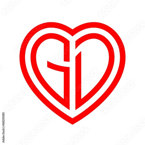 initial letters logo gd red monogram heart love shape