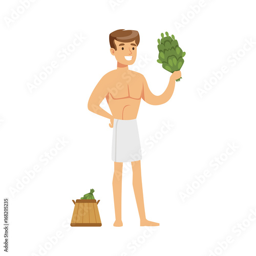 Smiling young man wearing bath towel posing with birch broom and wooden bucket colorful vector Illustration