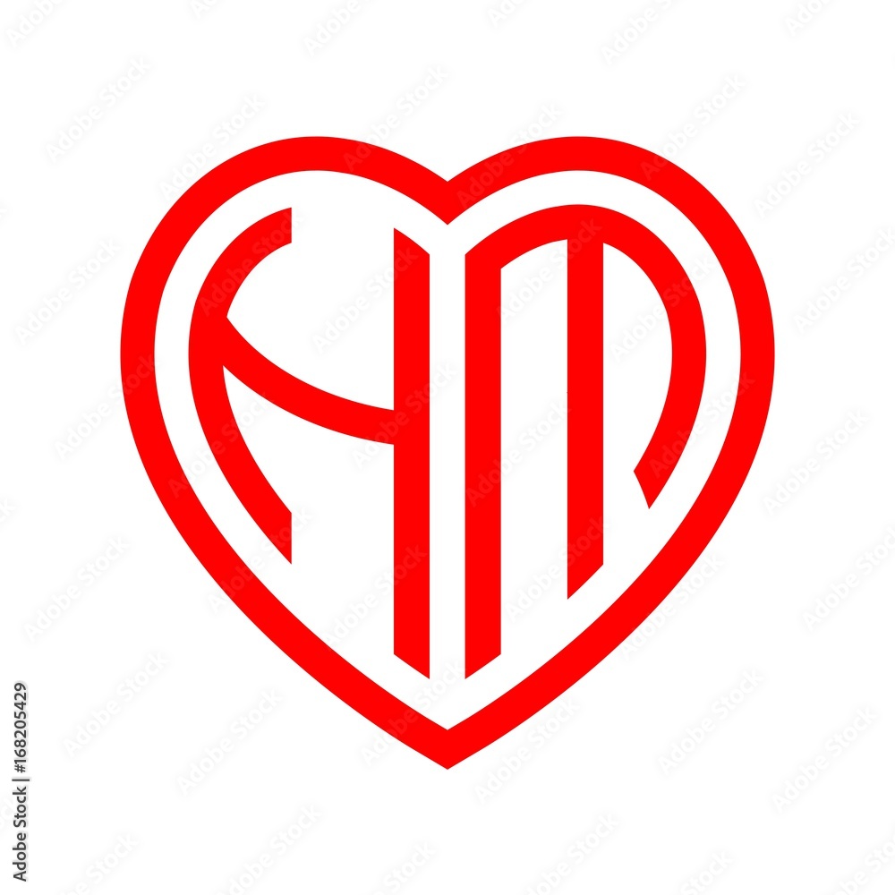 initial letters logo hm red monogram heart love shape Stock Vector