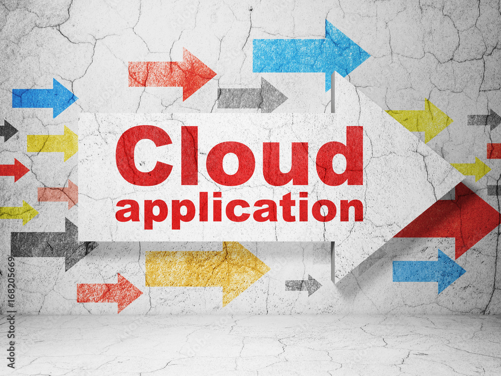 Obraz premium Cloud computing concept: arrow with Cloud Application on grunge wall background
