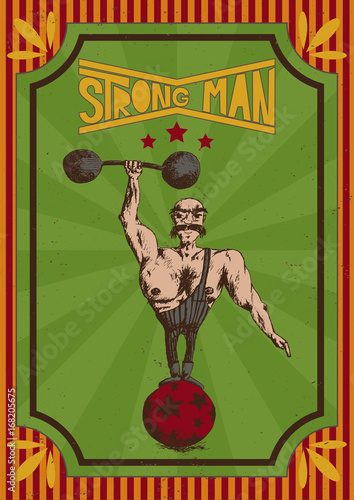 vector illustration  of hand drawn man on a vintage red orange and green poster with the inscription strong man