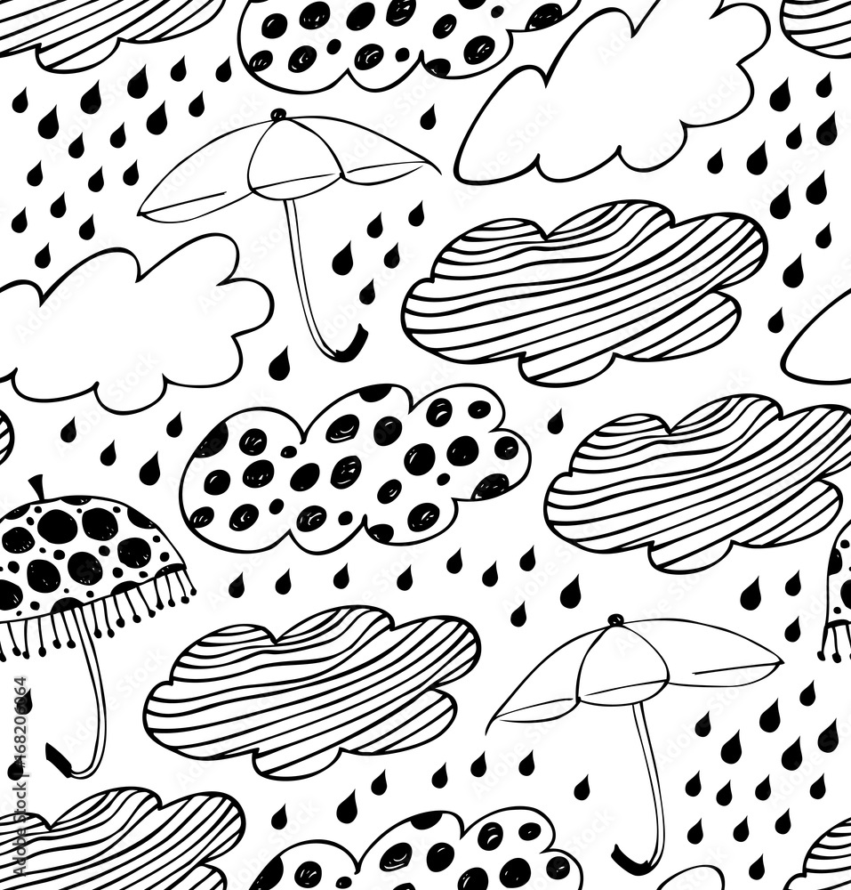 Rainy seamless background. Lace pattern with clouds, umbrellas and drops of rain. Graphic texture with many beauty details