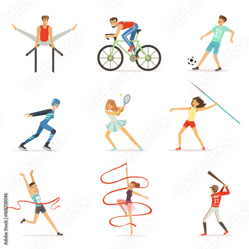Men and women doing various kinds of sports, sport people colorful vector Illustrations