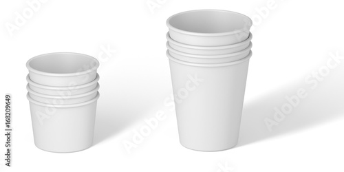 White Paper Cup close up. tasty on white table. stack. Exhibition equipment. Set template for the placement of the logo. Part 1.