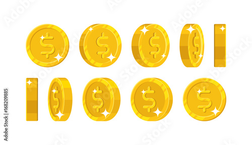 Gold dollar views cartoon style isolated. The gold dollar is at different angles around its axis for designers and illustrators. Rotation of a gold coin in the form of a vector illustration