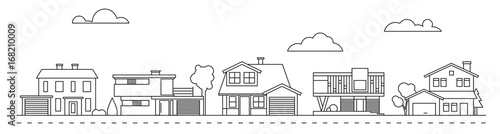Suburban neighborhood line art with classic, mid-century and contemporary houses vector illustration