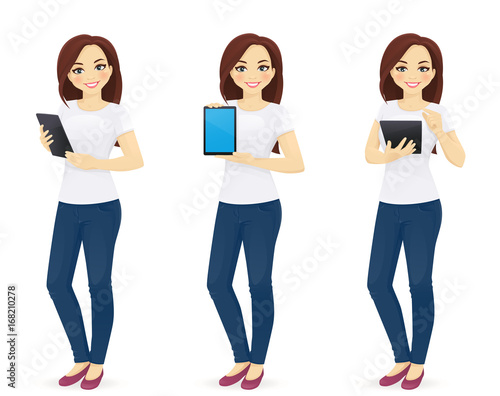 Woman in jeans with tablet in different poses