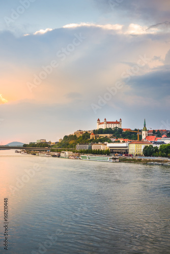 Cityscape of Bratislava, Slovakia at Sunset as Seen from a Bridge over Danube River Towards Old Town of Bratislava.