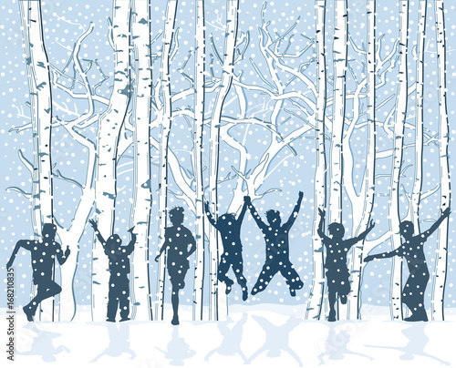 Kinder in verschneiter Winterlandschaft sind vergnügt und heiter
