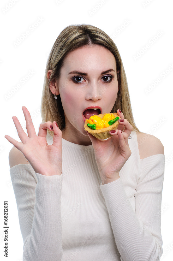 girl in white blouse with cake girl in white blouse with cake