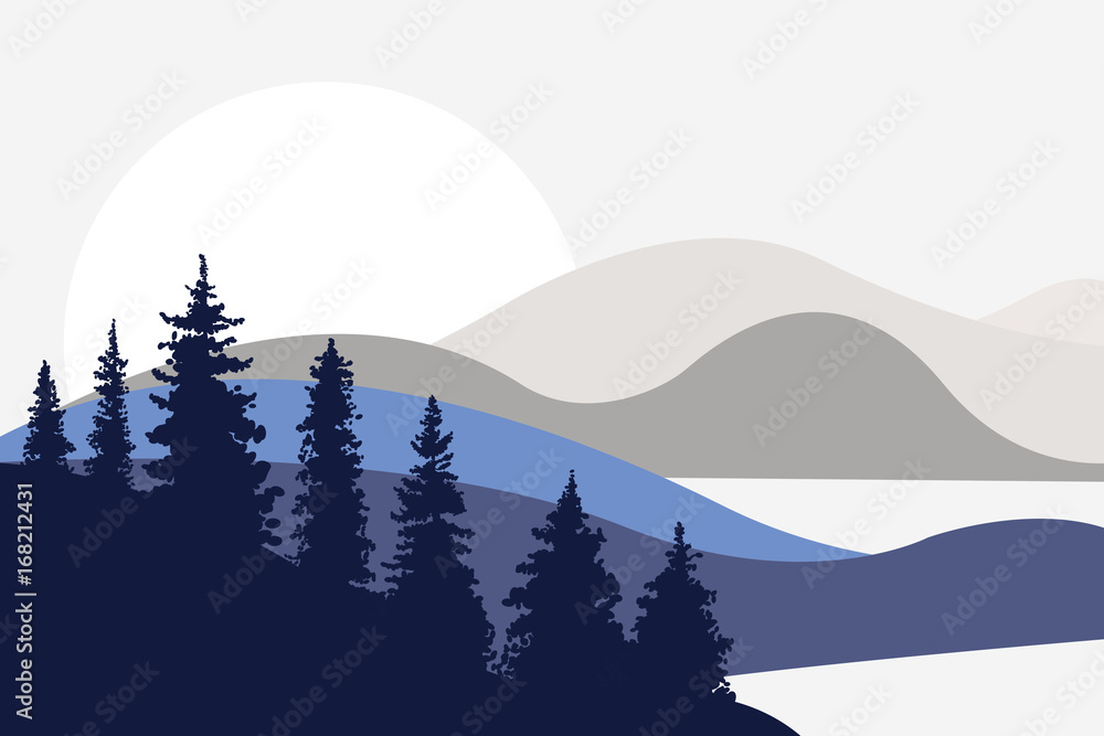Landscape with hills, mountains, lakes, rivers and the sun in the background. Firs in the foreground. Flat style. Vector illustration.