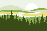 Landscape with hills, mountains, lakes, rivers and the sun in the background. Firs in the foreground. Yellow, green and beige colors. Flat style. Vector illustration.