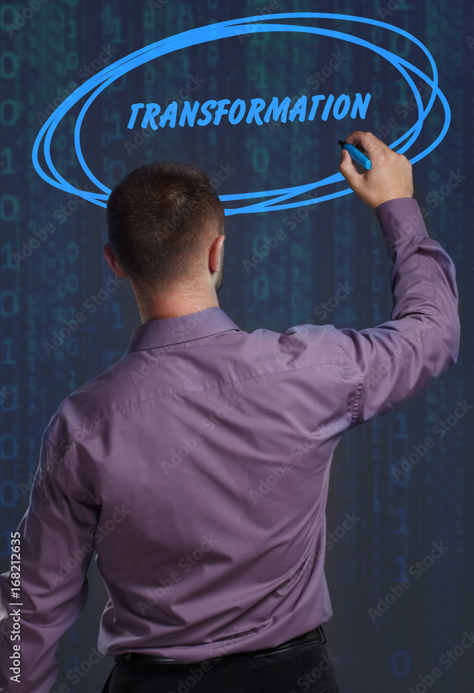 Business, Technology, Internet and network concept. Young businessman working on a virtual screen of the future and sees the inscription: Transformation
