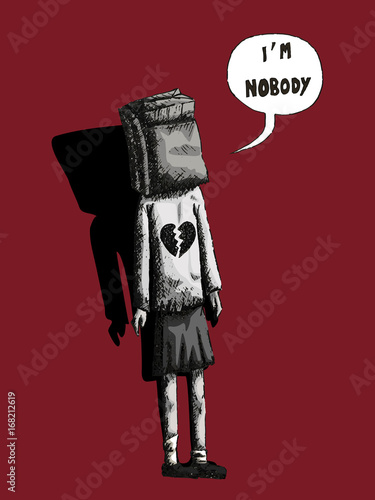 vector hand drawn illustration of a girl in black and white with a paper bag on her head and saying i am nobody on a red background