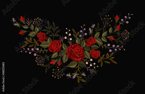 Red rose embroidery on black background. Satin stitch imitation fashion decoration patch necklace. Texture flower small herbs little delicate violet bud vintage ornament vector illustration