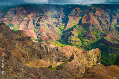 Aerial view into Waimea Canyon, also known as the Grand Canyon of the Pacific on the island of Kauai, Hawaii