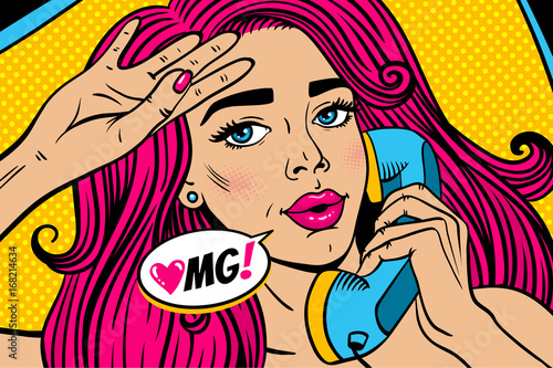 Pop art female face. Closeup of sexy young woman with pink hair and open mouth lying in bed and holding old phone handset and OMG! speech bubble. Vector colorful illustration in retro comic style.