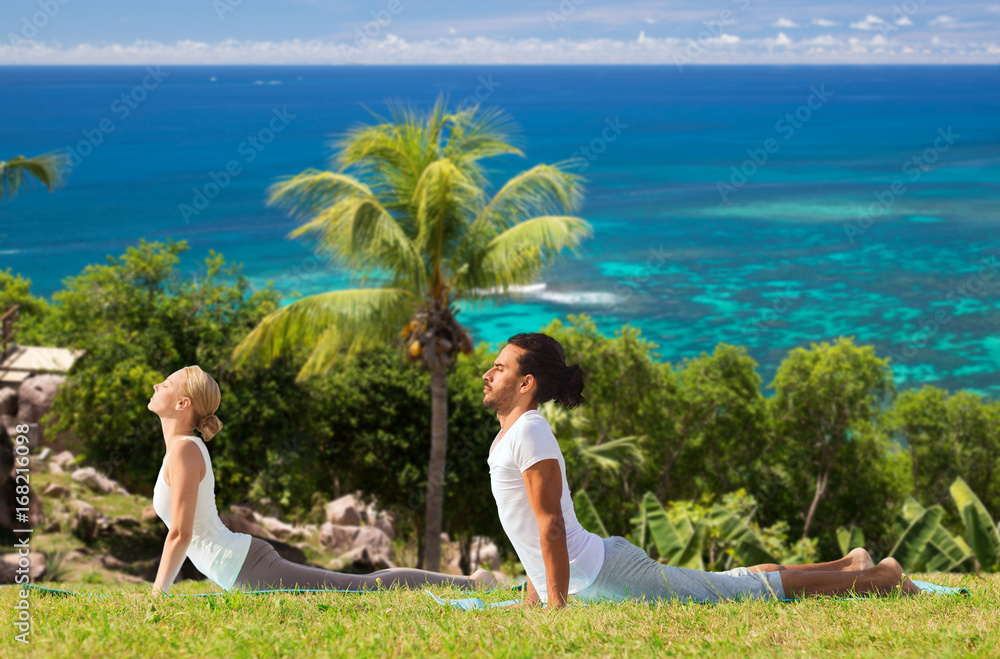 couple making yoga cobra pose outdoors couple making yoga cobra pose outdoors