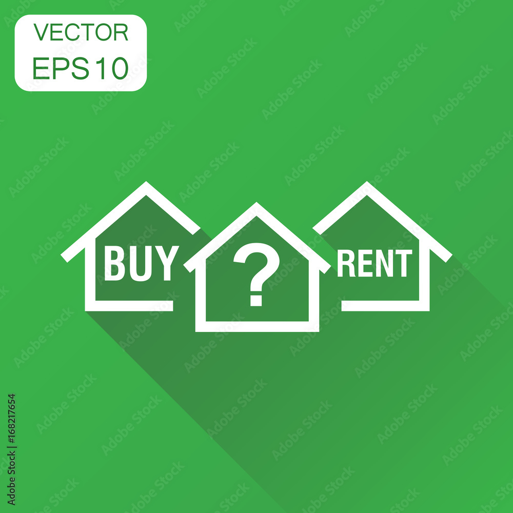 Buy or rent house dilemma icon. Business concept home pictogram. Vector illustration on green background with long shadow.
