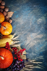 The table, decorated with vegetables and fruits. Harvest Festival,Happy Thanksgiving.