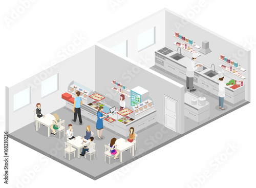 Isometric flat 3D interior of cafe, canteen and restaurant kitchen. © reenya