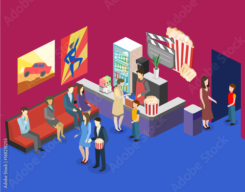Isometric flat 3D interior of cinema waiting hall. cinema cafe