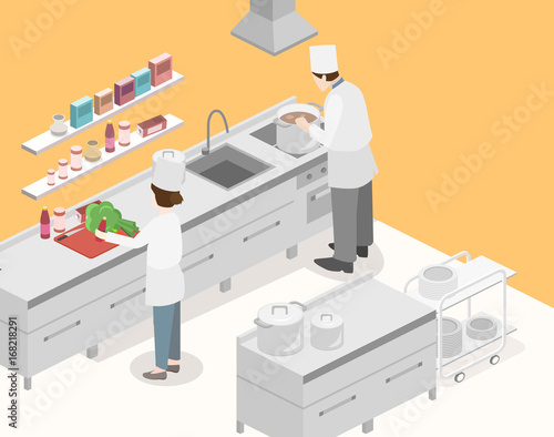 Isometric flat 3D vector interior of professional restaurant kitchen