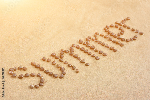 Inscription word Summer of shells on background of sand. beach. Concept of leisure, vacations, tourism