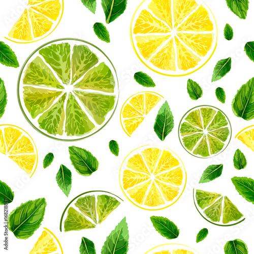 Seamless pattern with slices of lime, lemon and mint leaves on white background. Watercolor collection