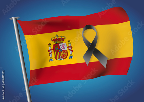 Spain flag waving on the sky with a black ribbon for coronavirus